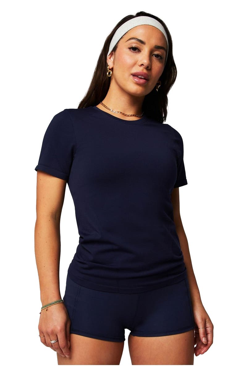 Fabletics Women's Feather Tech+ Short-Sleeve Top, Main, color, Deep Navy