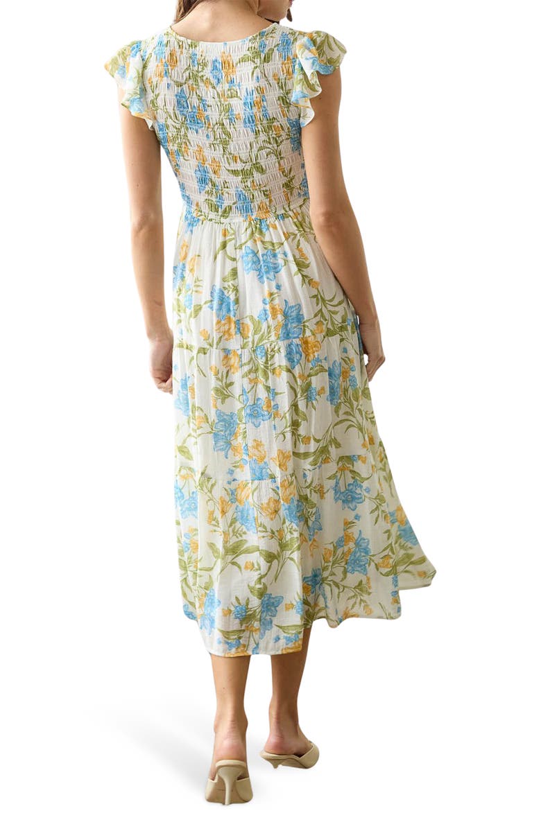 Honora Botanical Pleated Flutter-Sleeve Midi Dress