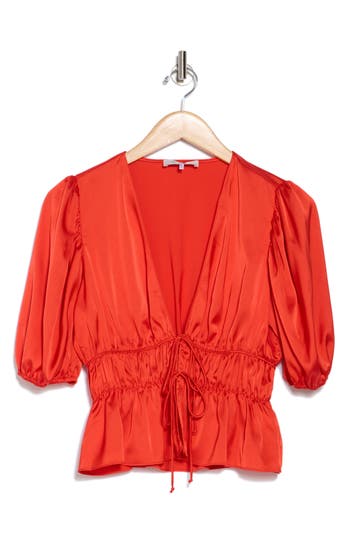 WAYF WAYF PUFF SLEEVE TIE FRONT SATIN TOP 