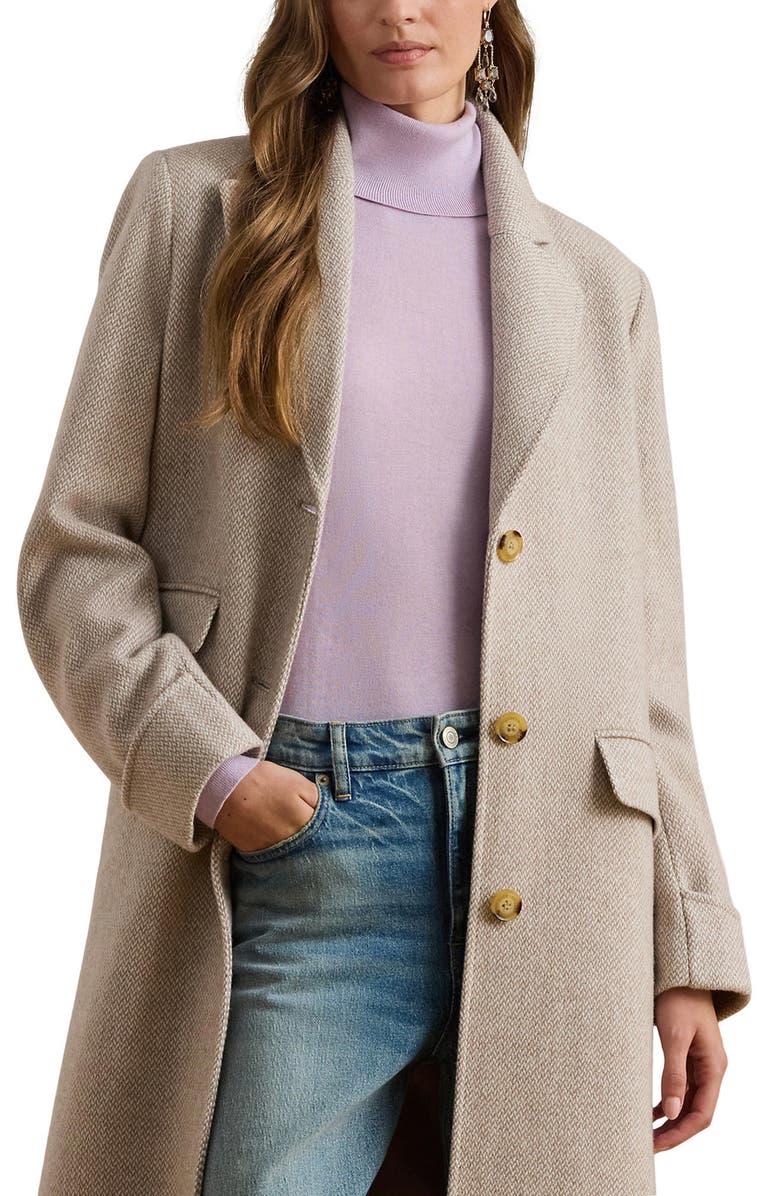 Lauren Ralph Lauren Longline Herringbone Wool Blend Reefer Coat, Alternate, color, Truffle Broken Twill