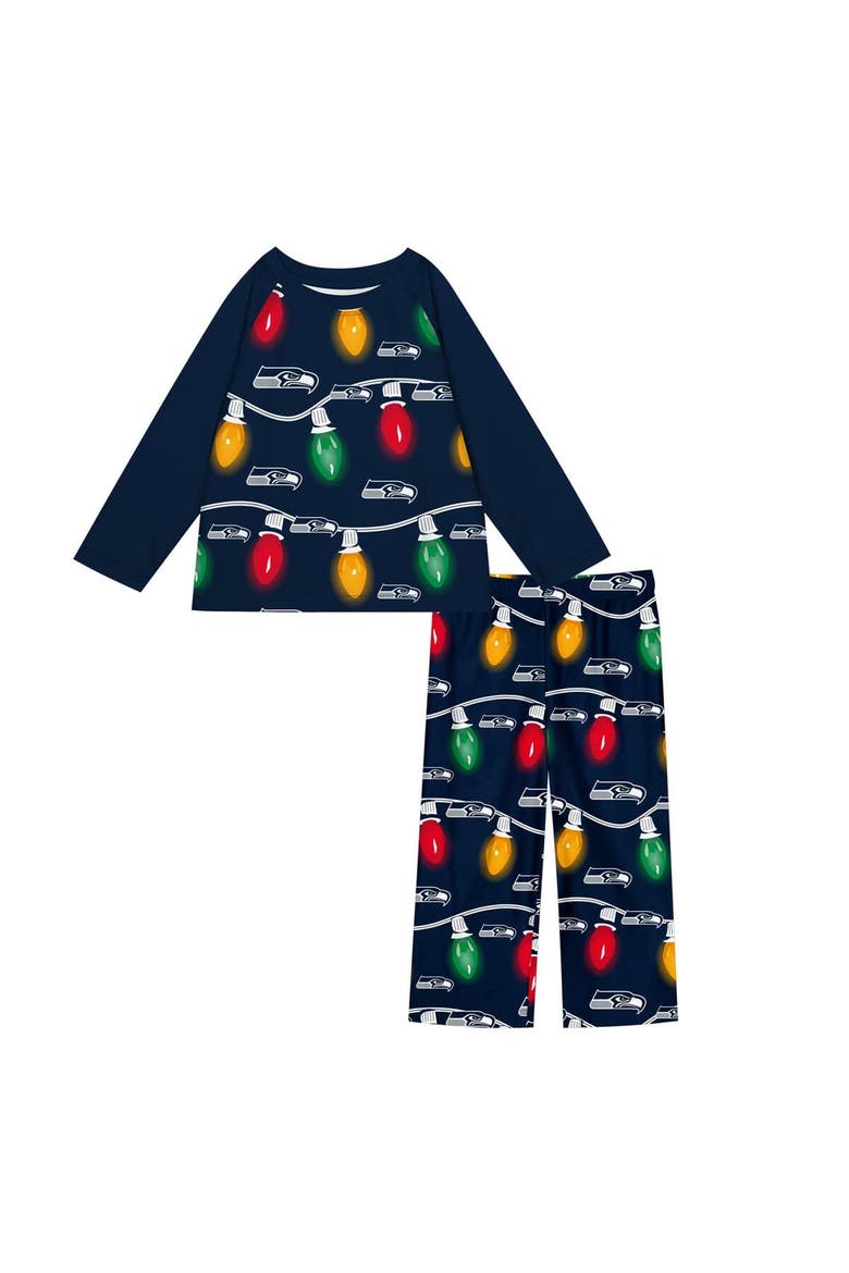 Youth Seattle Seahawks Two-Piece Garland Holiday Long Sleeve Pajama Set, Main, color, College Navy