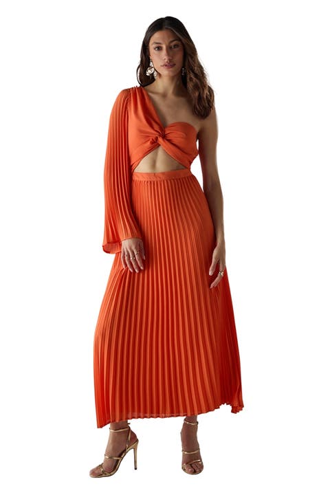 Chiffon One Shoulder Cut Out Midi Dress