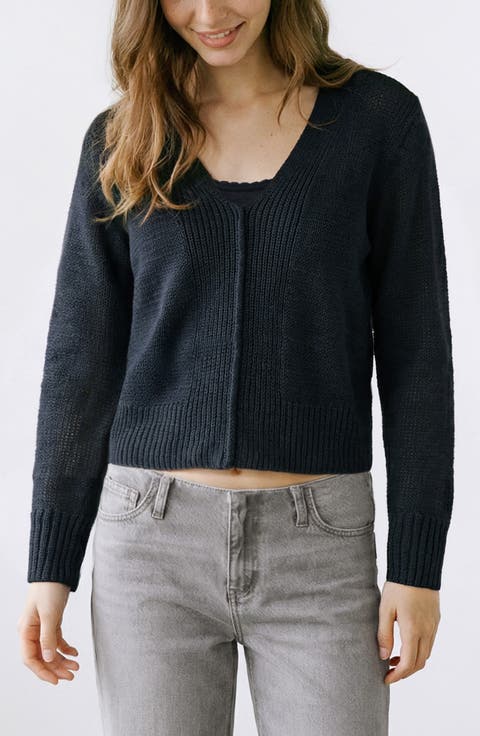 Seam Front V-Neck Cotton Blend Sweater