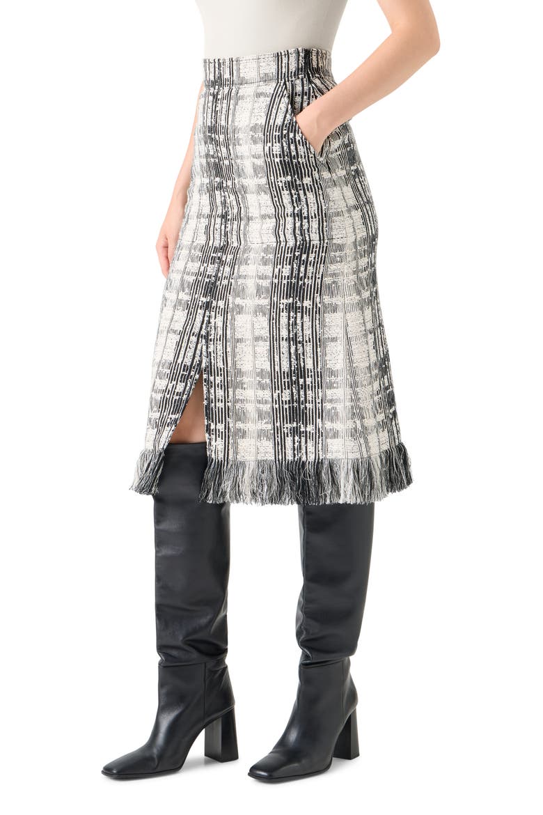 Fringe Trim Mixed Tweed Midi Skirt, Alternate, color, BLACK-IVORY