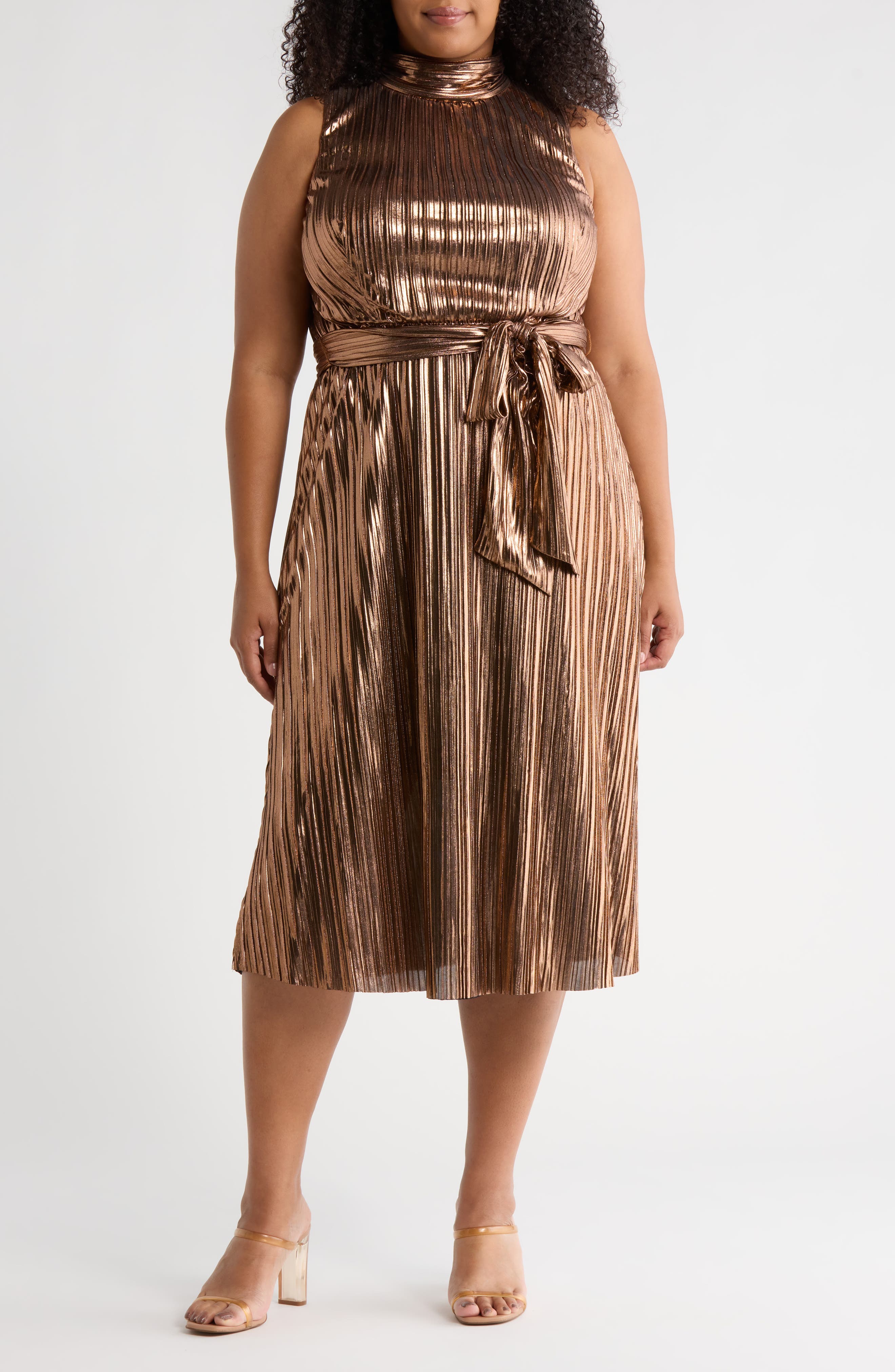 Eliza J Sleeveless Metallic Pleated Midi Dress