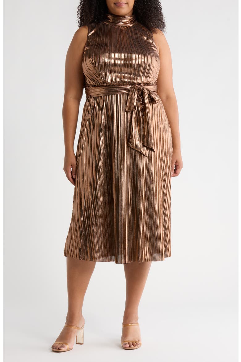 Sleeveless Metallic Pleated Midi Dress, Main, color, COPPER
