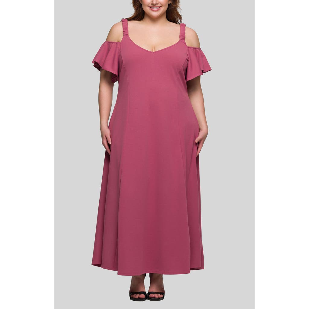 24seven Comfort Apparel Plus Size Cold Shoulder Ruffle Sleeve A-line Maxi Dress In Pink