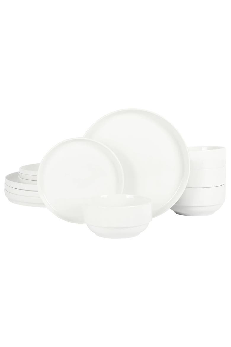 Snowscape 12 Piece fine Ceramic Stackable Dinnerware Set, Main, color, White