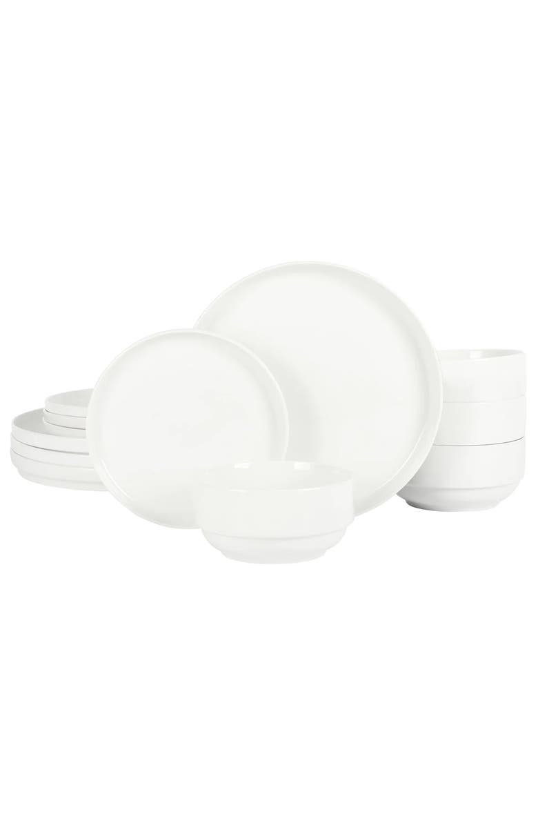 Gibson Home Snowscape 12 Piece fine Ceramic Stackable Dinnerware Set, Main, color, White