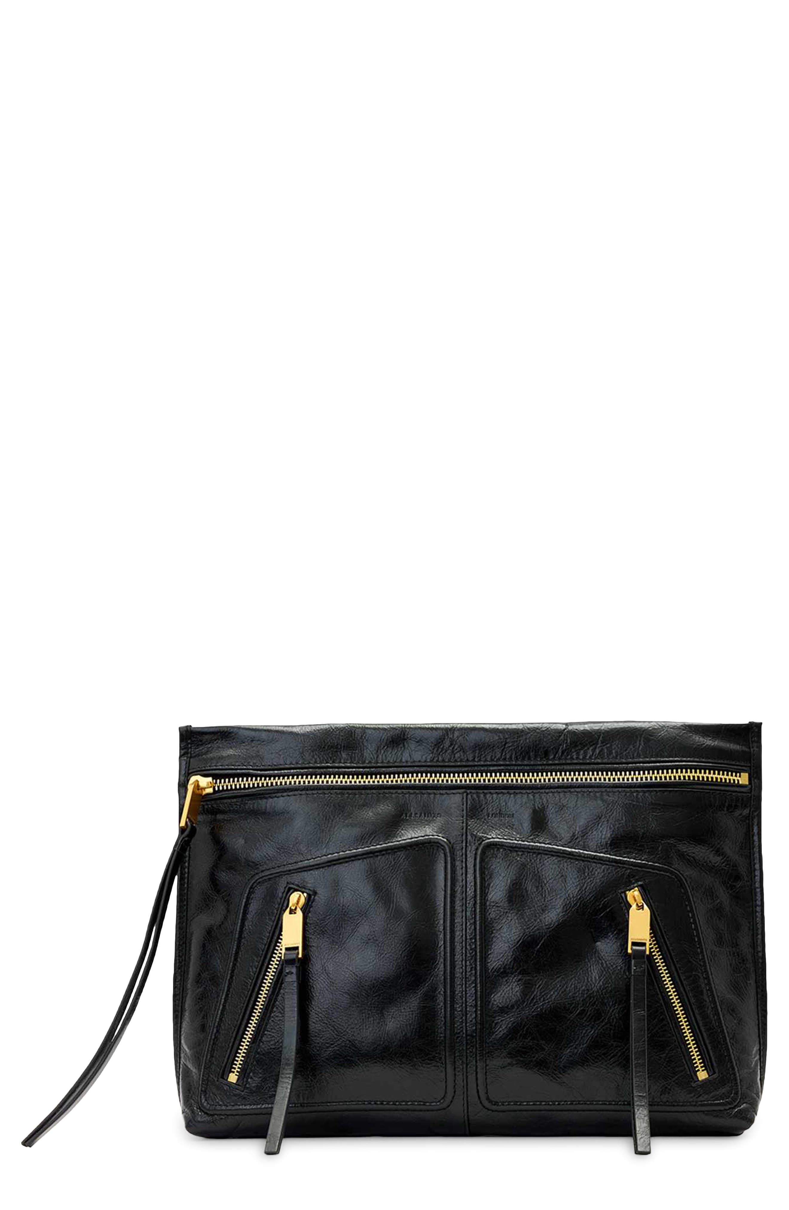 AllSaints Jean Rey Leather Clutch, Main, color, Black