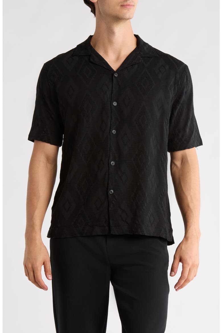 Diamond Textured Relaxed Fit Camp Shirt, Main, color, BLACK