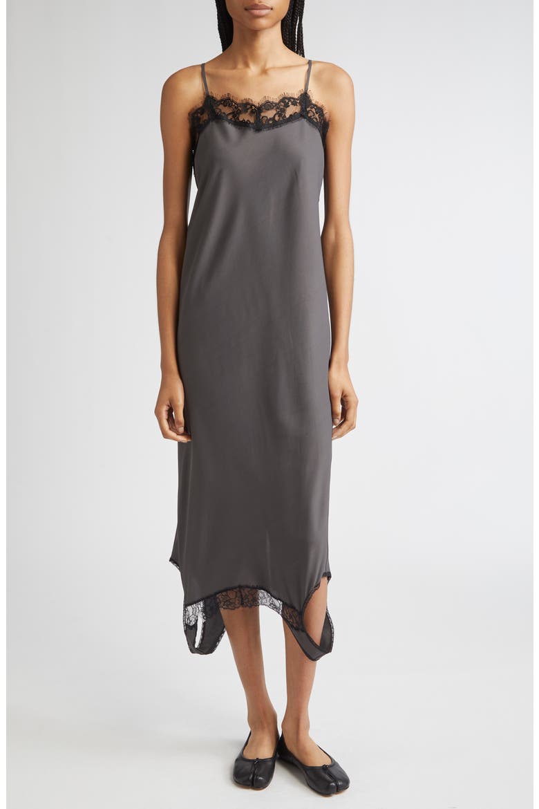 Convertible Lace Trim Satin Midi Dress, Alternate, color, ANTHRACITE