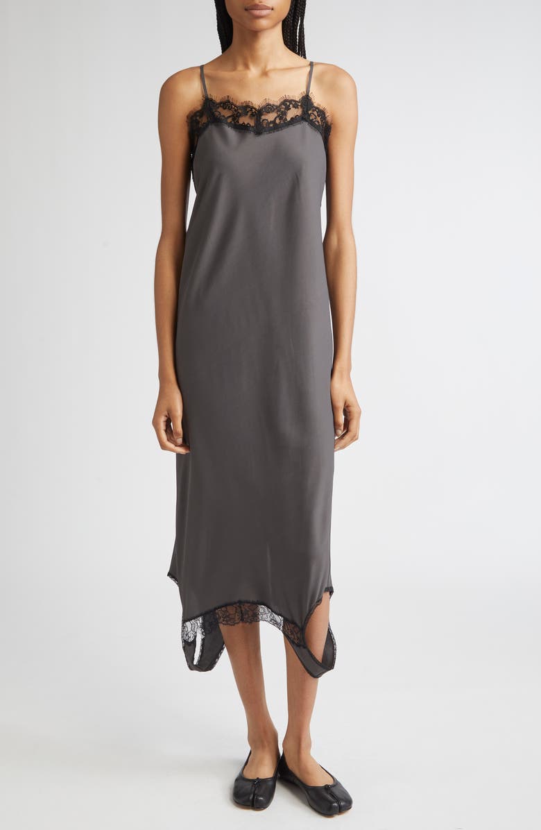 MM6 Maison Margiela Convertible Lace Trim Satin Midi Dress, Alternate, color, Anthracite