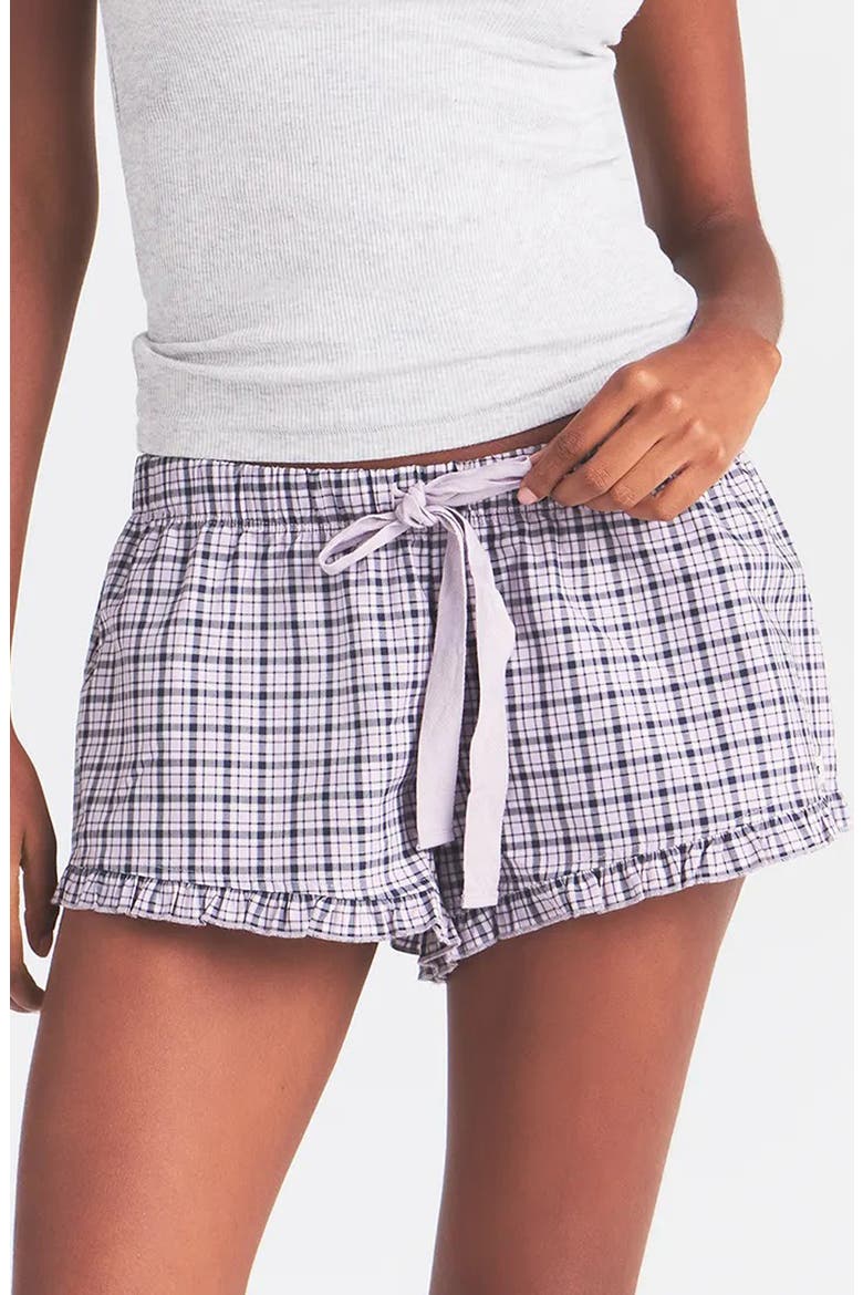 Ruffle Sleep Shorts, Main, color, IRIS MICA NAVY CHECK