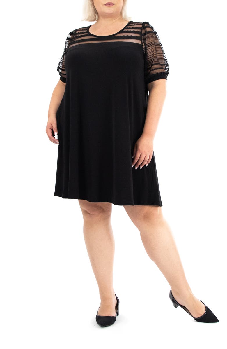 Nina Leonard Mesh Inset Trapeze Dress, Main, color, 