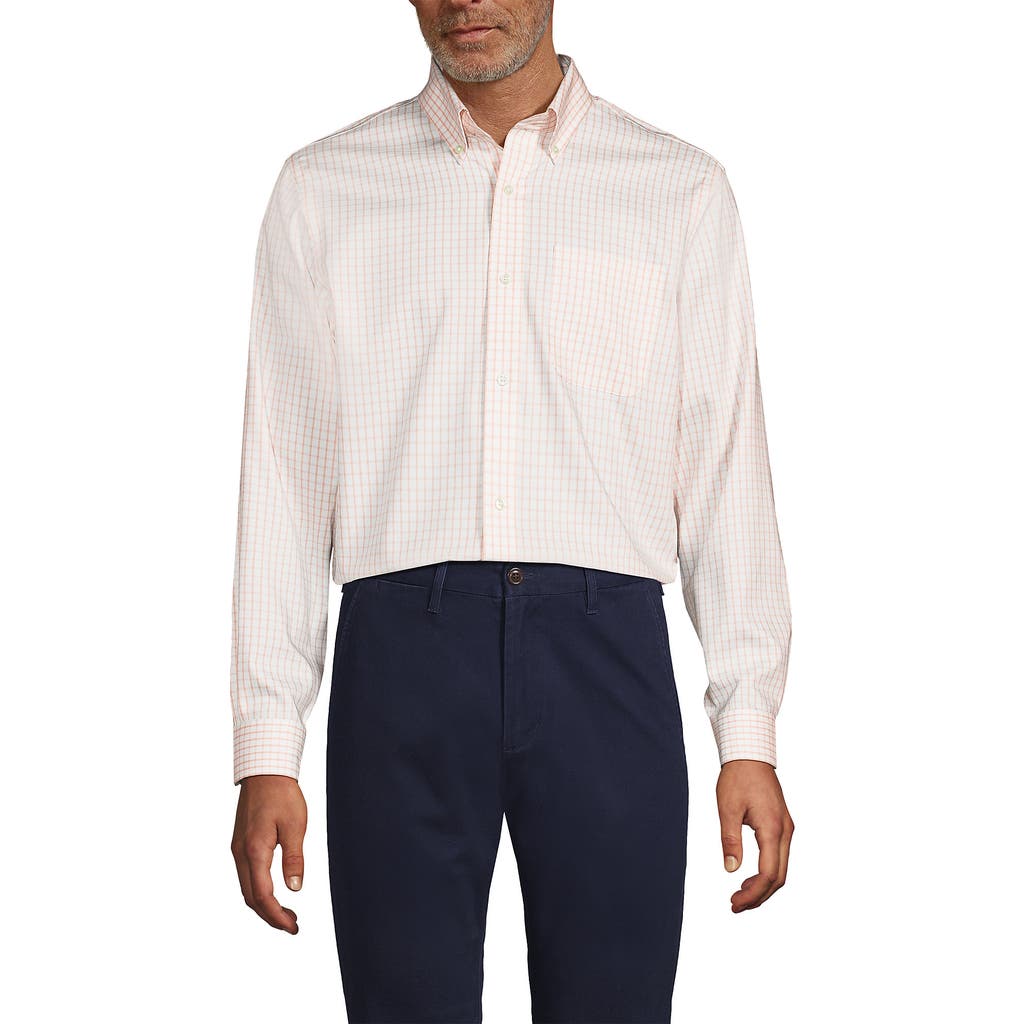 Lands' End School Uniform Tailored Fit No Iron Solid Supima Cotton Pinpoint Buttondown Collar Dress In Tinted Peach Windowpanes
