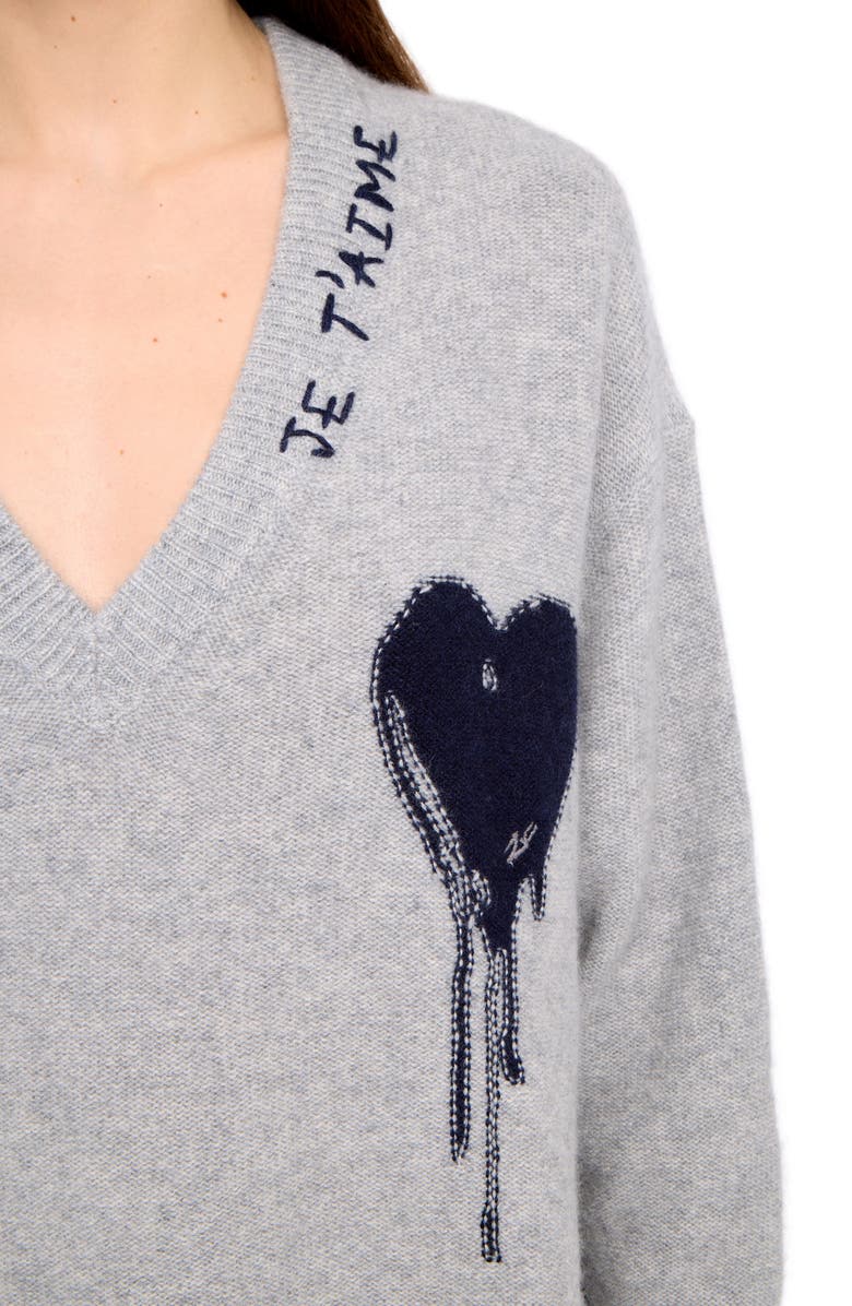 Zadig & Voltaire Mikyz Heart Appliqué Cashmere V-Neck Sweater, Alternate, color, Gris Chine Clai
