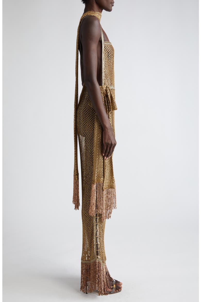Beaded Fringe Sheer Lamé Lace Maxi Dress, Alternate, color, GOLD