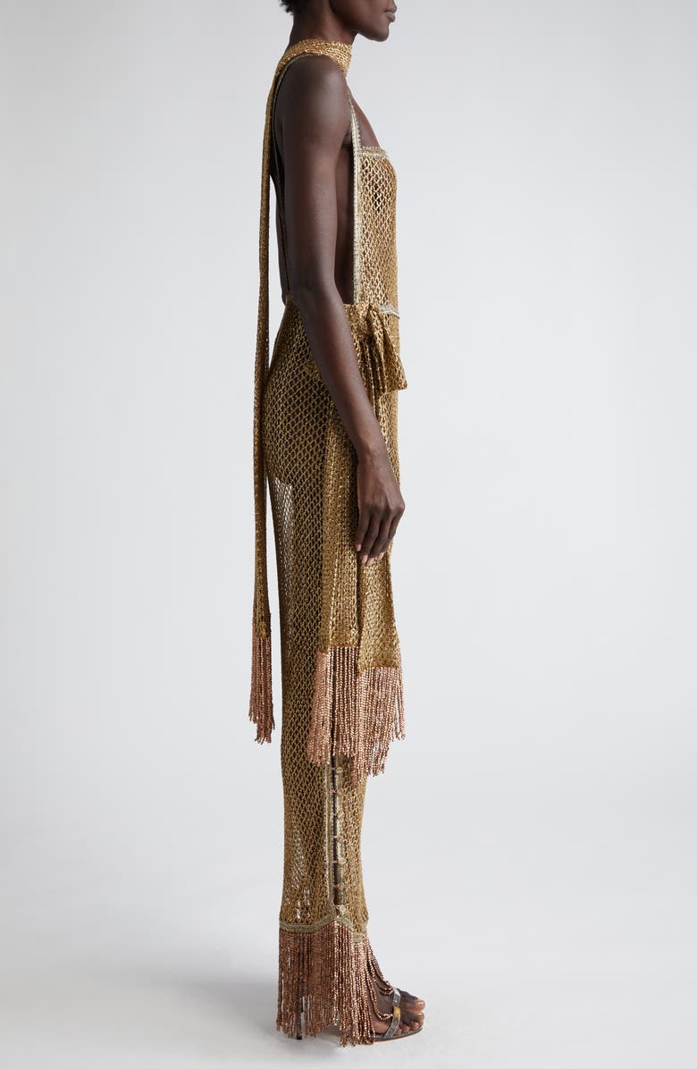 Bode Beaded Fringe Sheer Lamé Lace Maxi Dress, Alternate, color, 