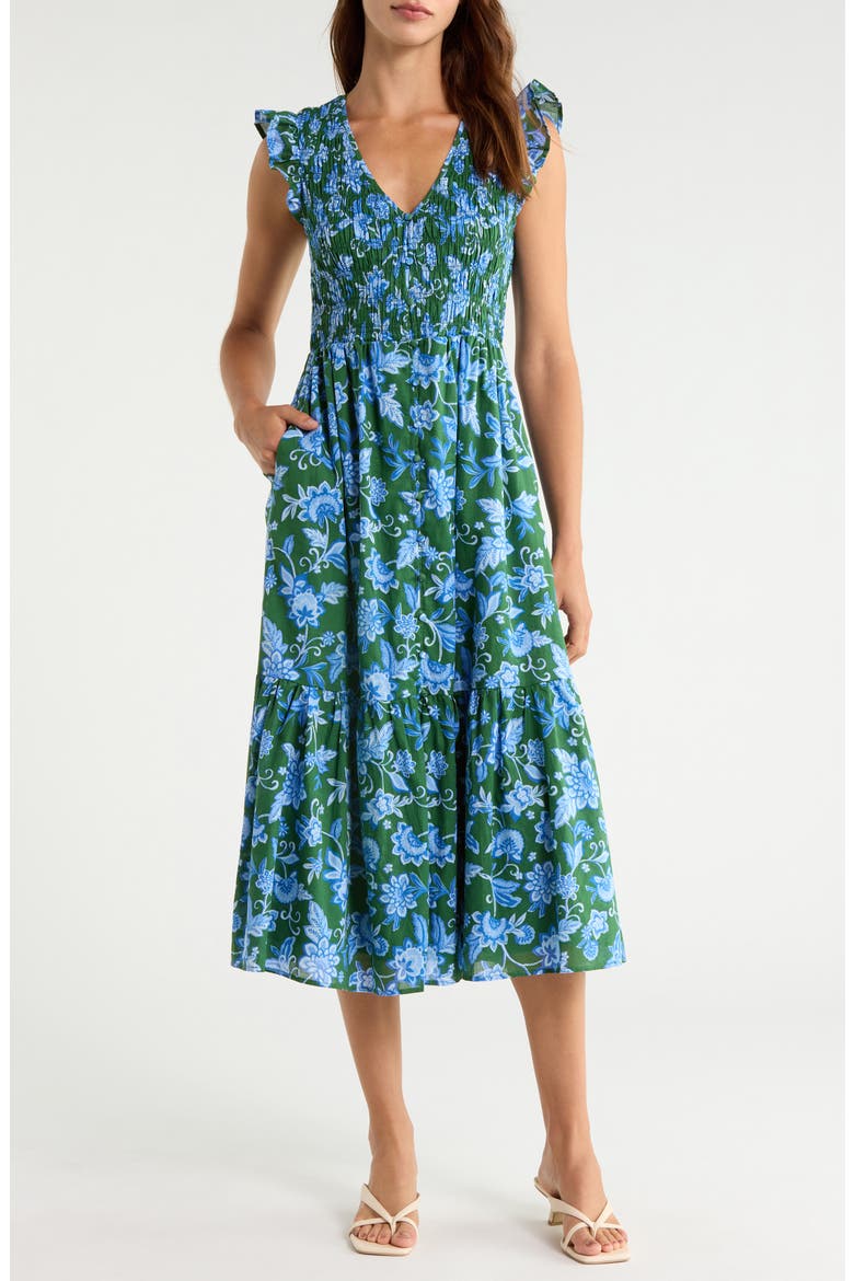Floral Flutter Sleeve Cotton Dress, Main, color, GREEN BLUE MULTI