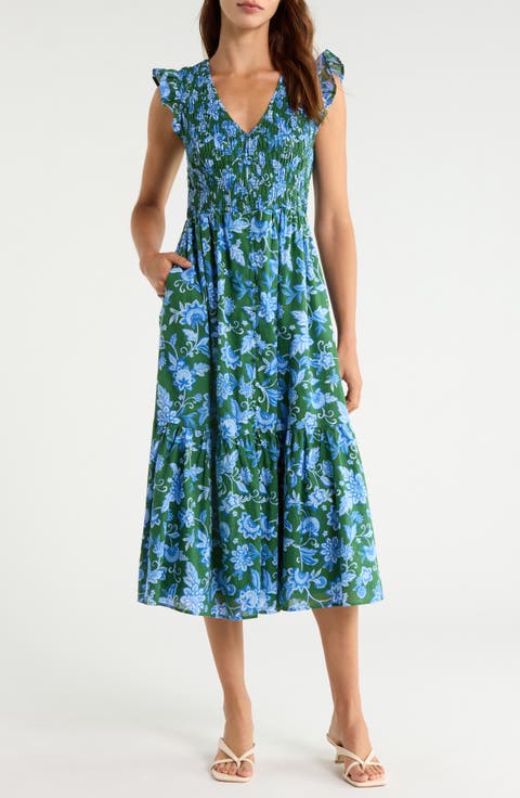 Floral Flutter Sleeve Cotton Dress