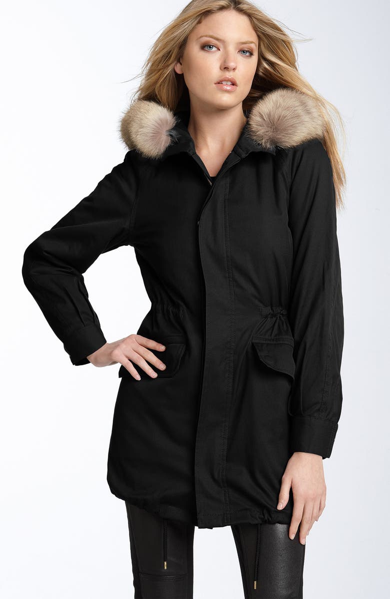 MARC BY MARC JACOBS 'Marley' Stretch Twill Coat with Genuine Coyote Fur Collar, Main, color, 