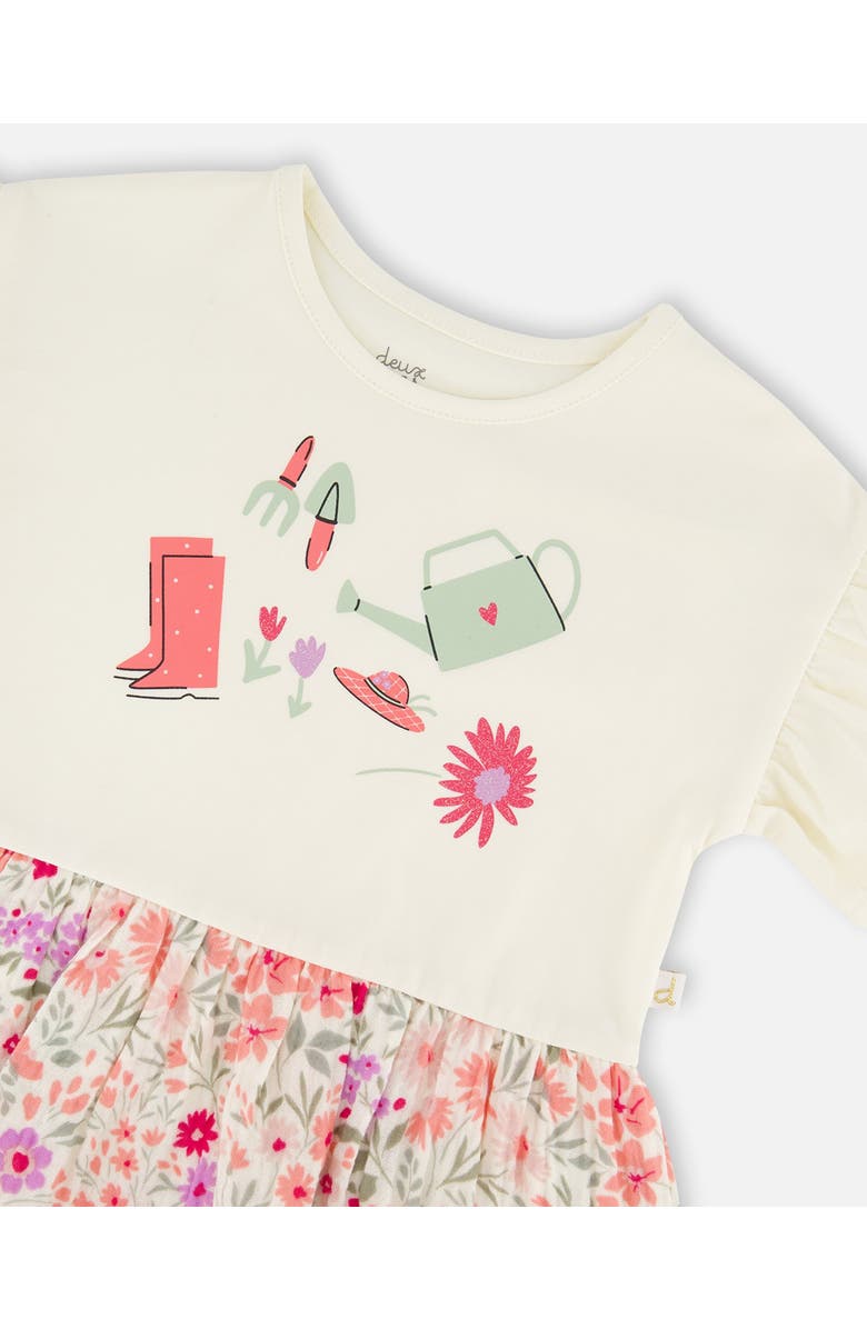 Deux par Deux Organic Cotton Bi-Material Flutter Sleeves Flowers Print Tunic, Alternate, color, Beige Flowers Print