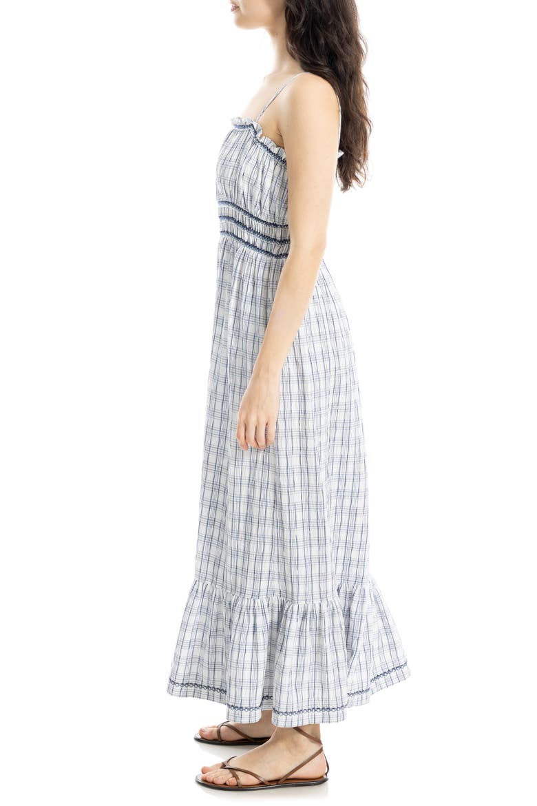 Windowpane Check Smocked Maxi Dress, Alternate, color, WHITE/ NAVY
