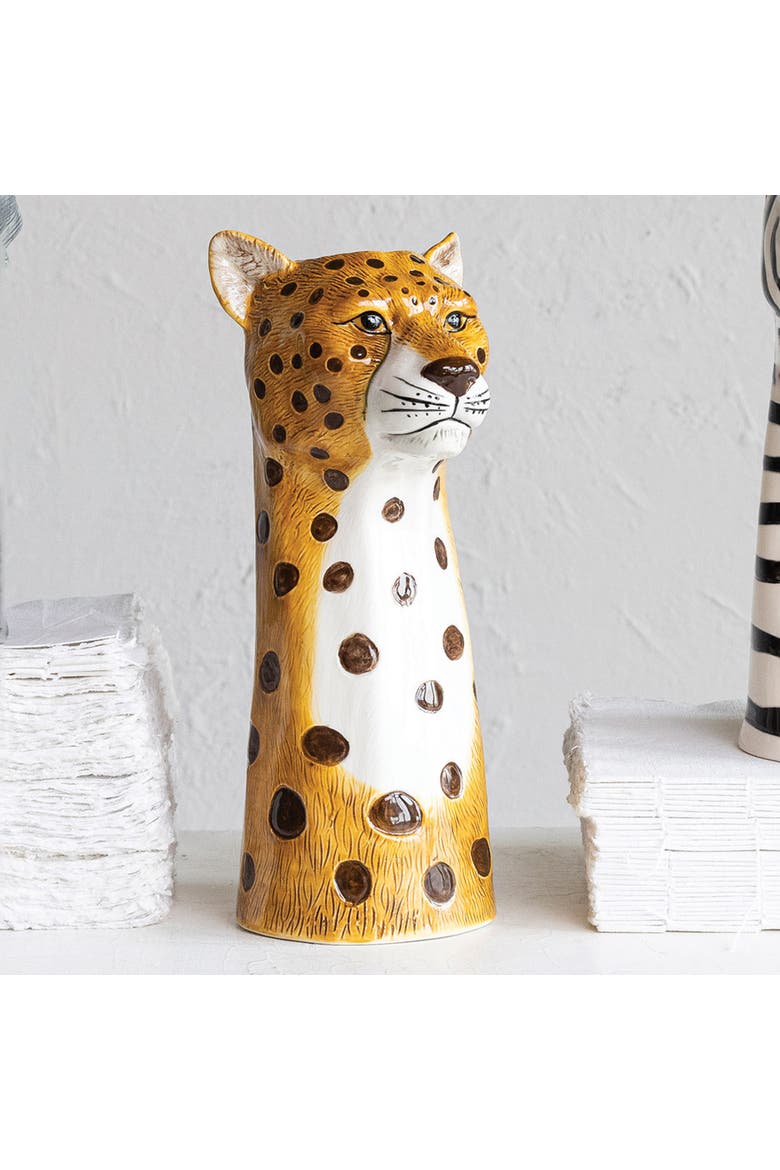 Hand-Painted Decorative Stoneware Cheetah Vase, Alternate, color, Orange
