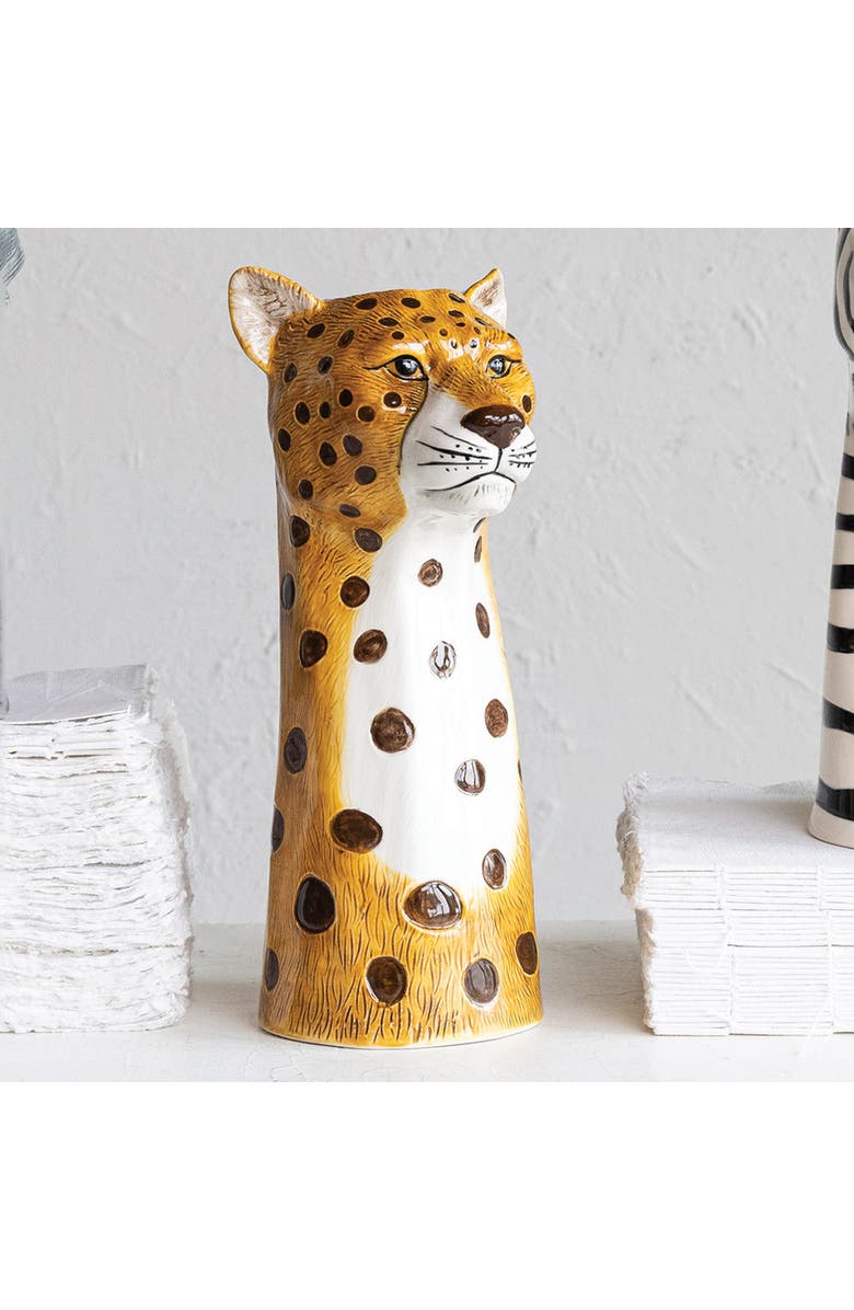 Storied Home Hand-Painted Decorative Stoneware Cheetah Vase, Alternate, color,