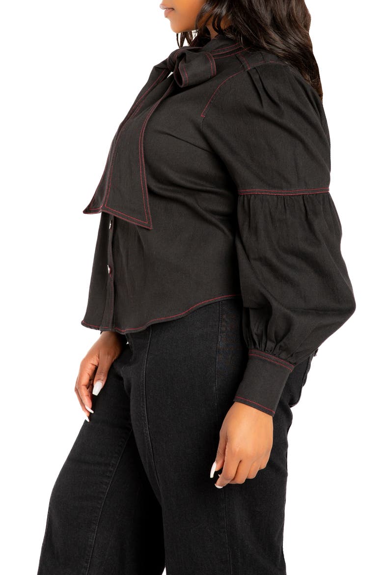 Bow Neck Puff Shoulder Denim Shirt, Alternate, color, DENIM BLACK