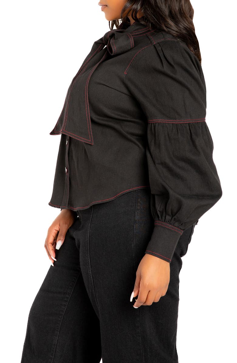 BUXOM COUTURE Bow Neck Puff Shoulder Denim Shirt, Alternate, color, Denim Black