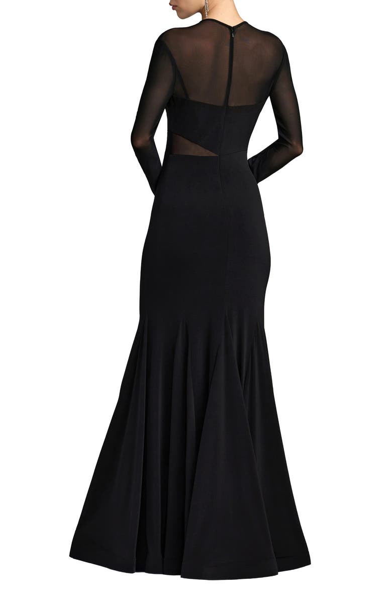 Long Sleeve Sheer Detail Mermaid Jersey Gown, Alternate, color, Black