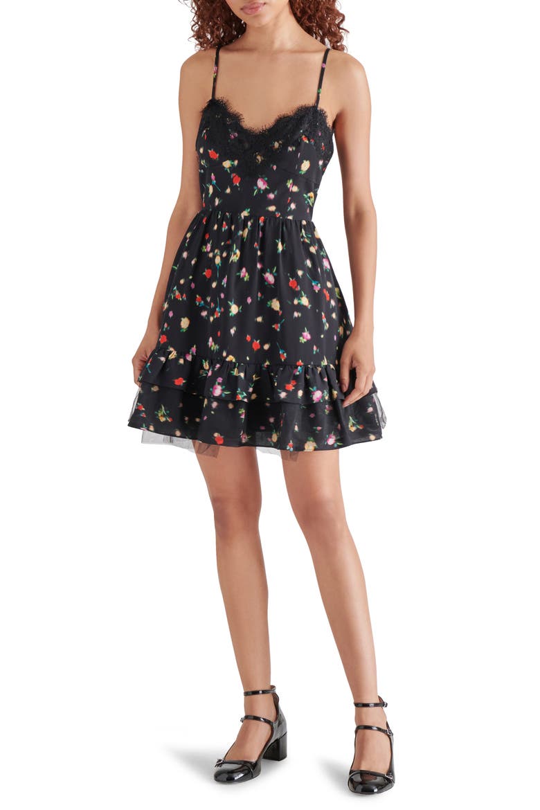 Yasmina Floral Print Georgette Fit & Flare Dress, Main, color, BLACK MULTI