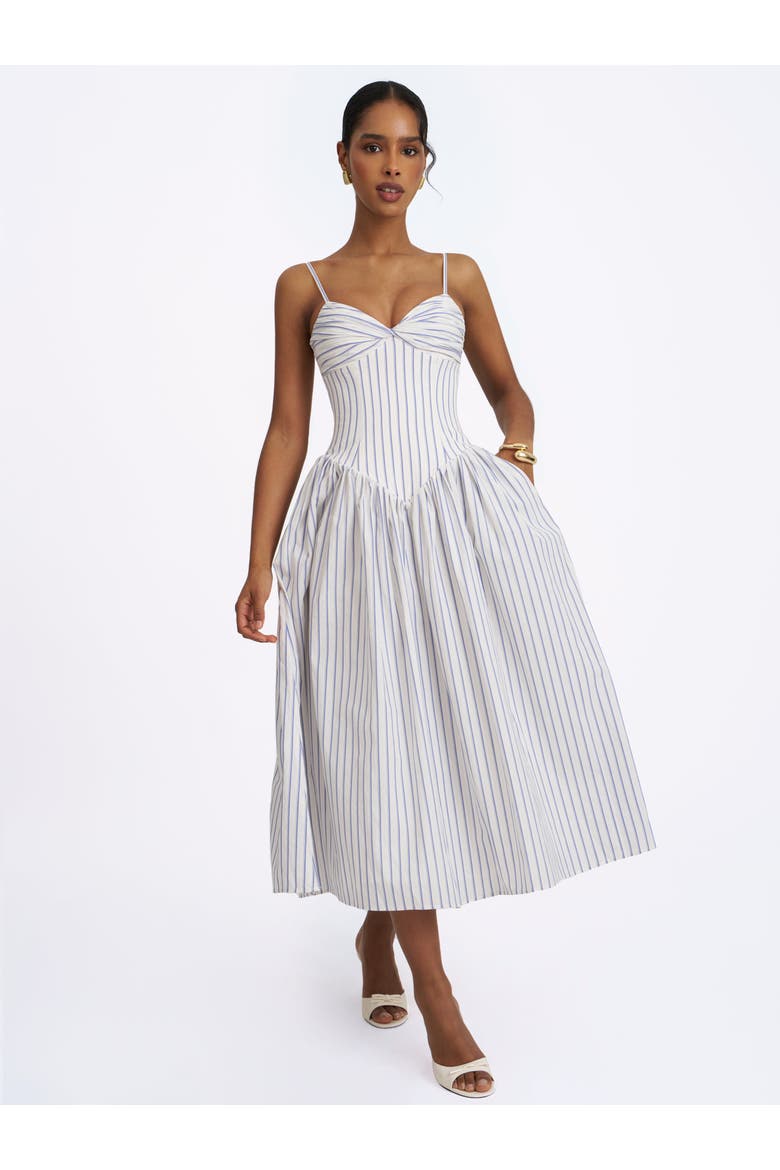 Olea Striped Cotton Poplin Ruched Midi Dress, Alternate, color, Sky Blue
