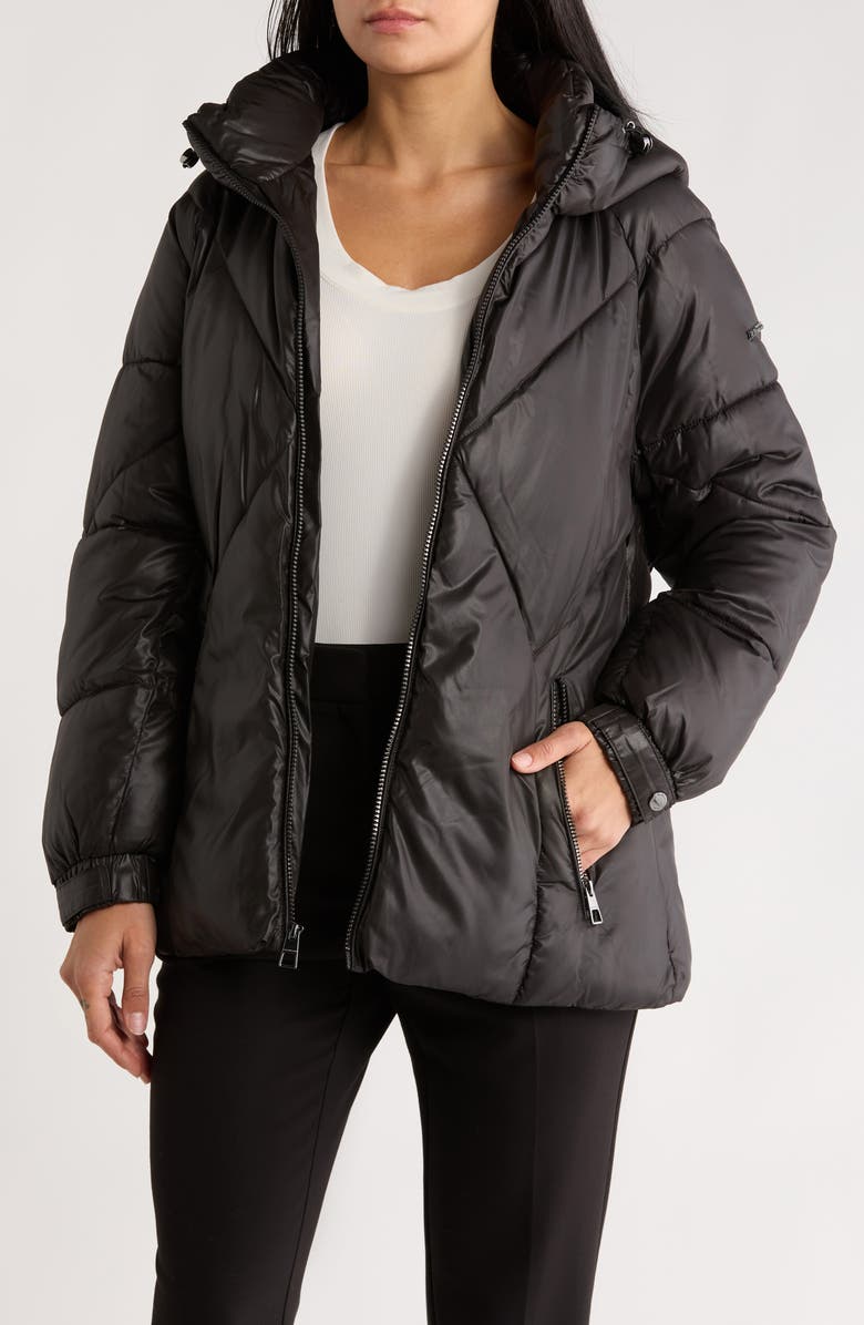BCBGeneration Missy Belted Puffer Coat, Alternate, color, Black