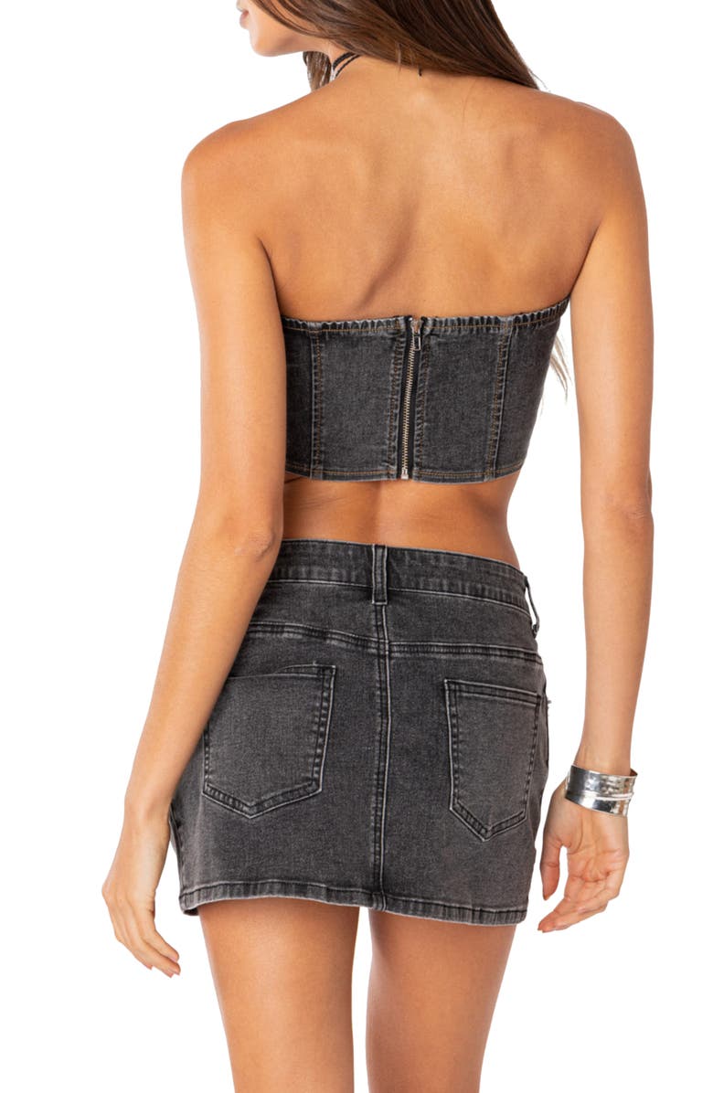 EDIKTED Waverly Strapless Lace-Up Denim Corset Crop Top, Alternate, color,