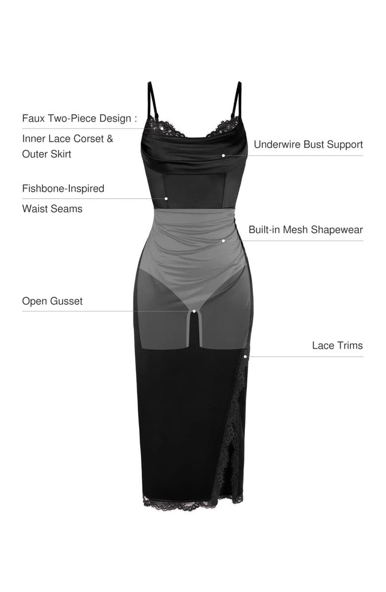 Popilush Lace Trim Sculpting Floral-Print Midi Dress, Alternate, color, Classic Black