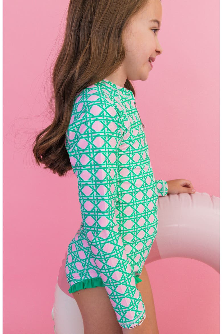 Kids' Coastal Cane Ruffle Long Sleeve Two-Piece Rashguard Swimsuit, Alternate, color, GREEN