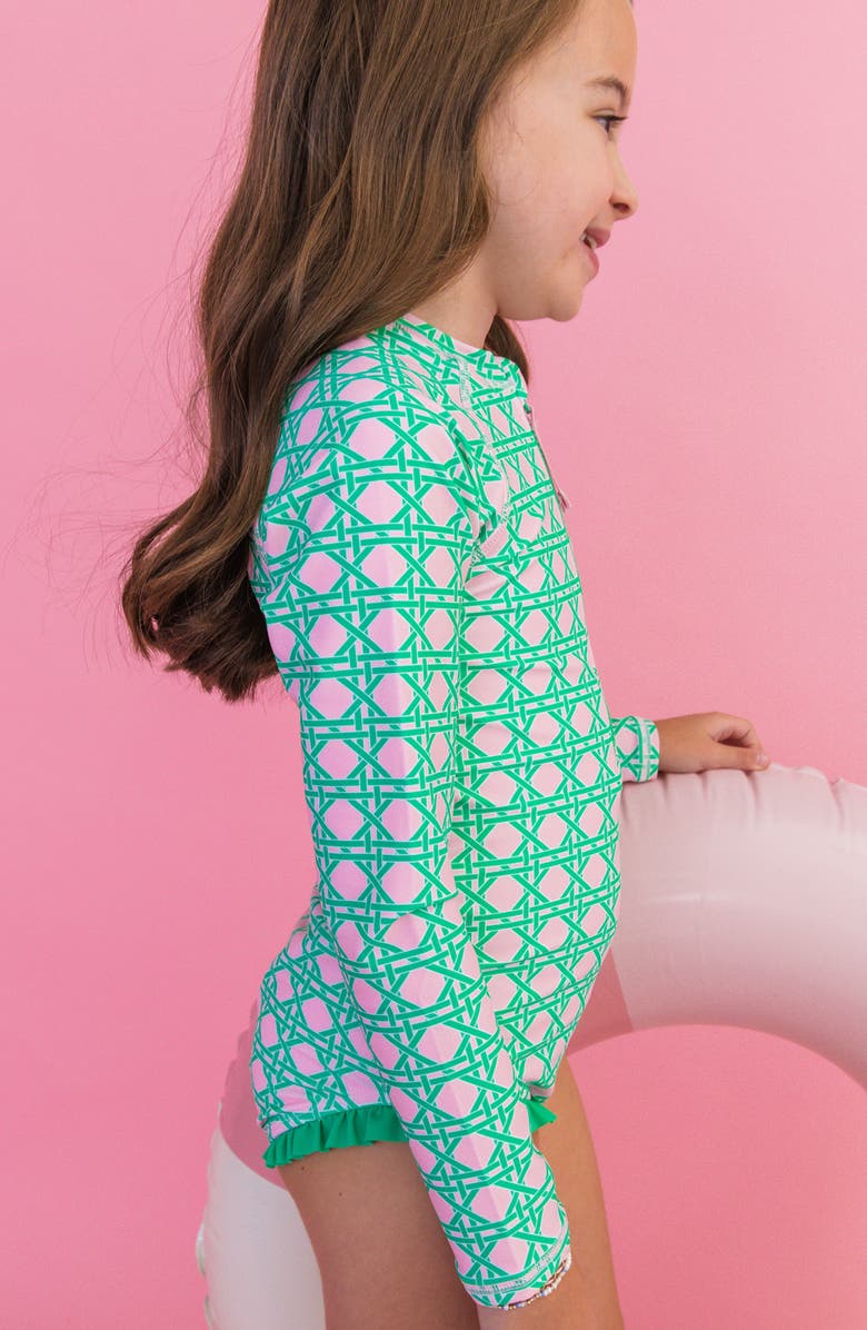 RuffleButts Kids' Coastal Cane Ruffle Long Sleeve Two-Piece Rashguard Swimsuit, Alternate, color, Green