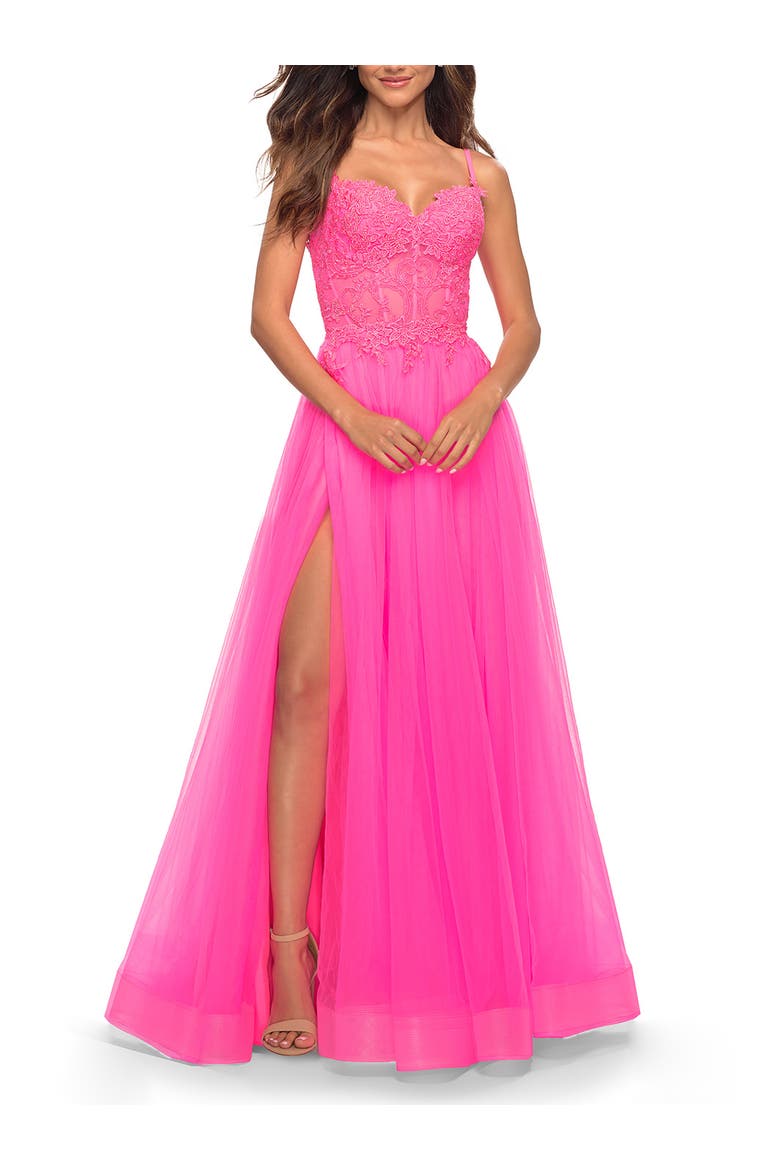 Neon Pink Tulle and Lace Ballgown with Illusion Bodice, Main, color, Neon Pink