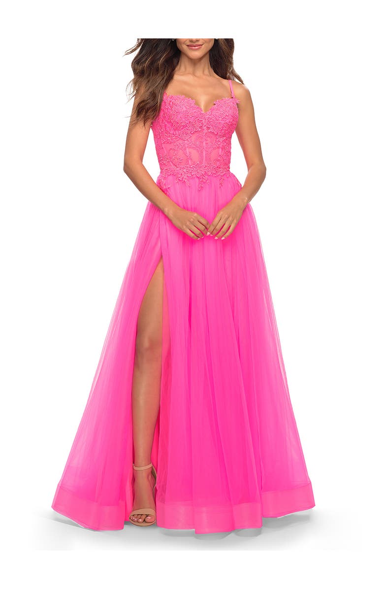 La Femme Neon Pink Tulle and Lace Ballgown with Illusion Bodice, Main, color, Neon Pink