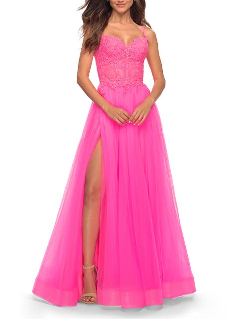 Neon Pink Tulle and Lace Ballgown with Illusion Bodice