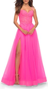 La Femme Neon Pink Tulle and Lace Ballgown with Illusion Bodice