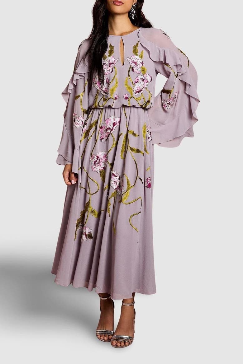Embroidered Tiered Chiffon Midi Dress, Alternate, color, Mauve