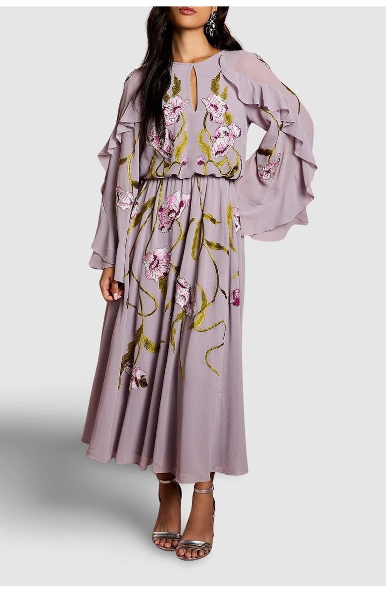 Coast Embroidered Tiered Chiffon Midi Dress, Alternate, color, Mauve