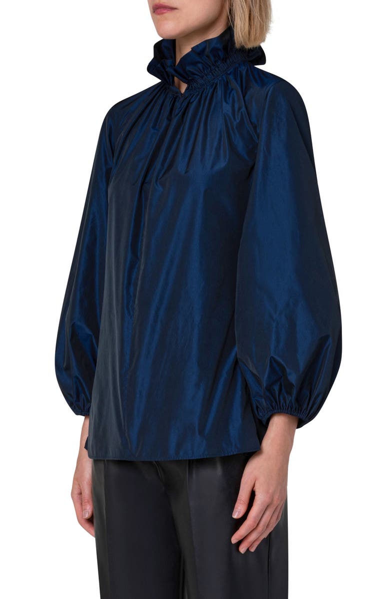 Akris punto Ruffle Neck Taffeta Blouse, Alternate, color, Navy