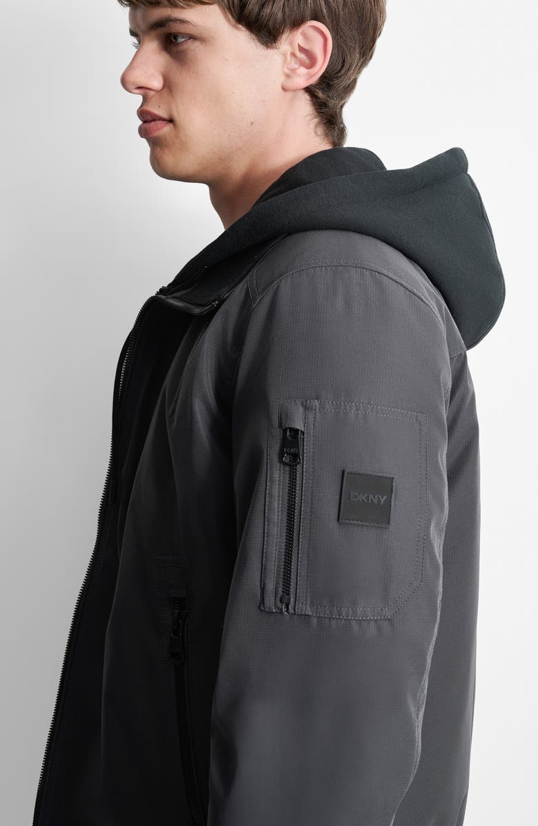 DKNY Water Resistant Bomber with Hooded Bib, Alternate, color, Iron