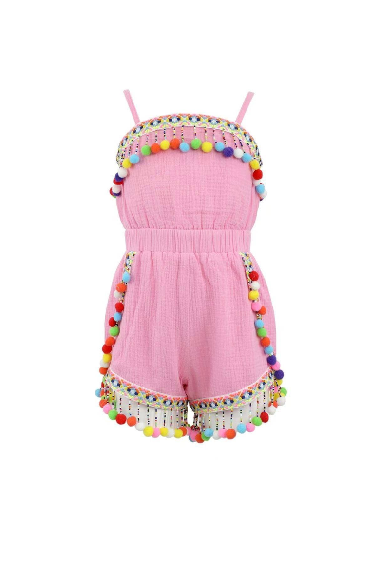 Rainbow Pom Pom Romper, Main, color, Pink