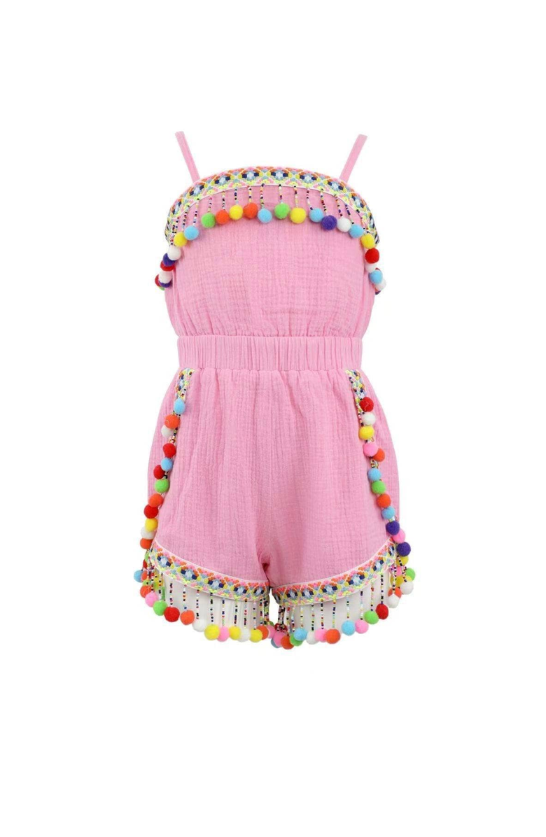 Lola + The Boys Rainbow Pom Pom Romper, Main, color, Pink